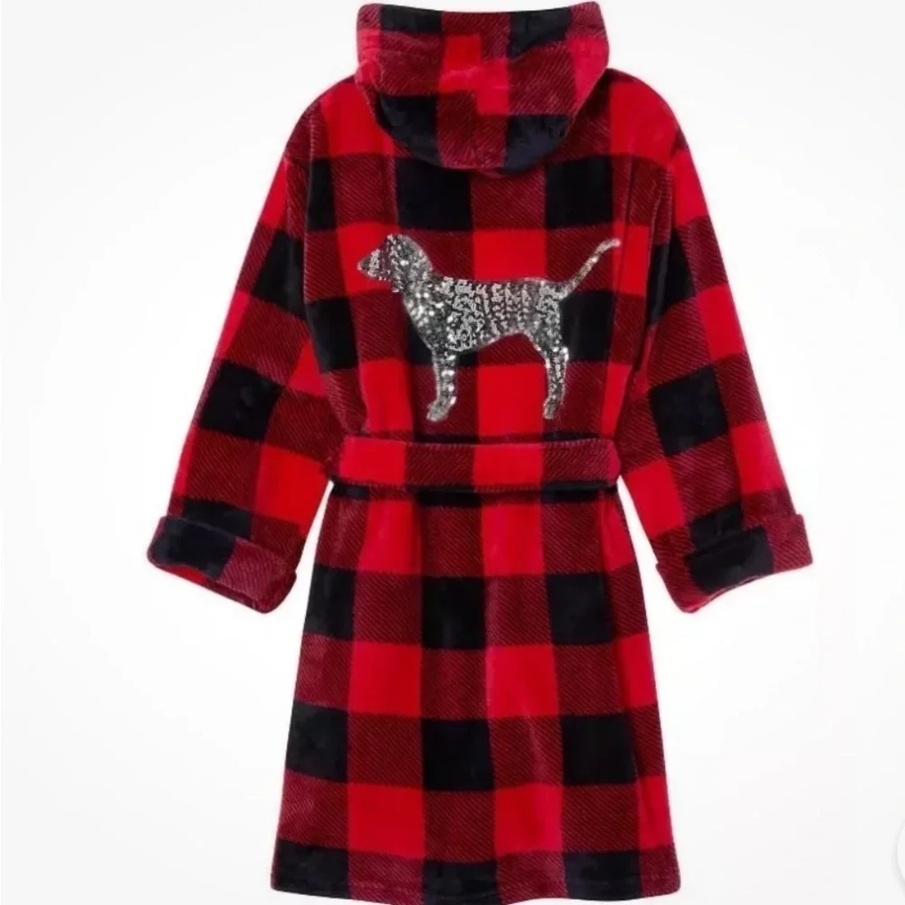 PINK Victoria’s Secret Red & Black Buffalo Plaid Sequin Dog Hooded Robe Sz. XS/S